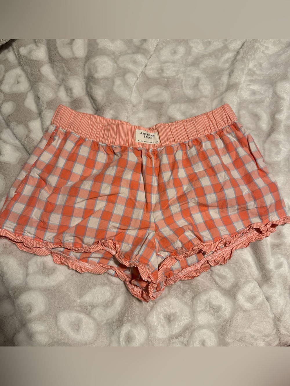 aerie Coral and White Gingham Ruffle Sleep Shorts